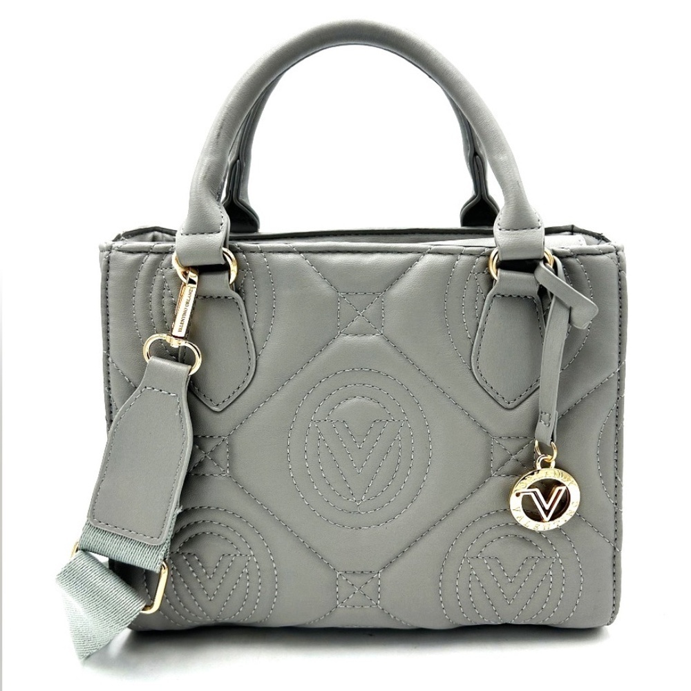 NWT Gray Valentino Orlandi Top Handle V Logo Quilted Tote Bag with Pendant